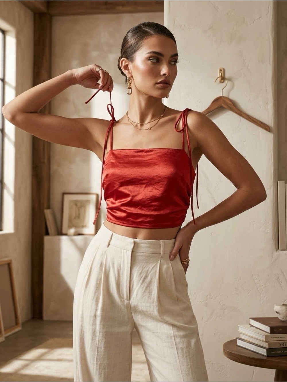 Lulus Best Idea Yet Satin Tie Strap Crop Top NWT Red Small